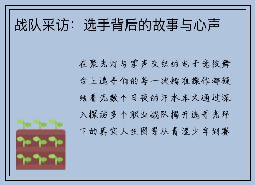 战队采访：选手背后的故事与心声