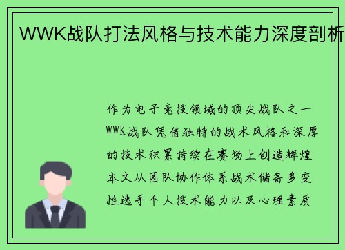 WWK战队打法风格与技术能力深度剖析