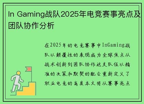 In Gaming战队2025年电竞赛事亮点及团队协作分析