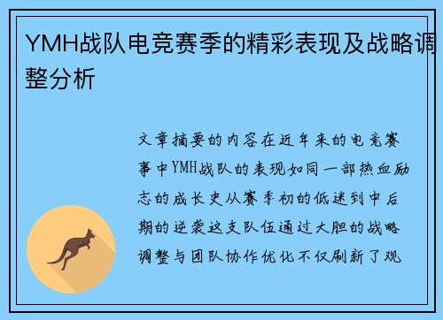 YMH战队电竞赛季的精彩表现及战略调整分析